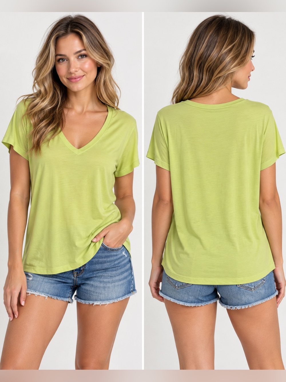 Top Degree Lime Green V-Neck Short Sleeve Stretch Tee Women’s Top